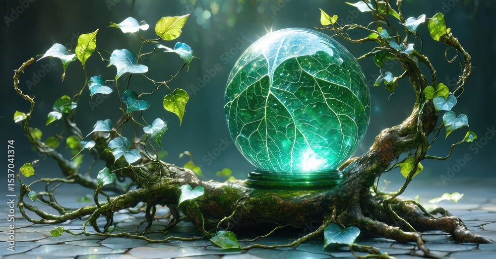 Poster Glowing orb rests upon roots. Lush foliage surrounds sphere, creating mystical scene. Light emanates from within crystal structure.