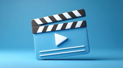 Stylized 3d render of a blue clapperboard with play button icon