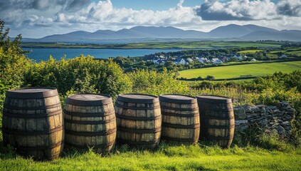 Obraz premium Four wooden barrels on a grassy hill overlooking a tranquil bay and mountains