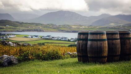 Fototapeta premium Wooden barrels on a grassy hill overlooking a scenic Irish landscape
