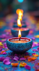 Burning Diya Lamps Illuminate Floral Petals Background for Festivities