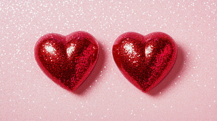 Obraz premium Two red glitter hearts on pink background valentine's day love romance heart shape glittery sparkle