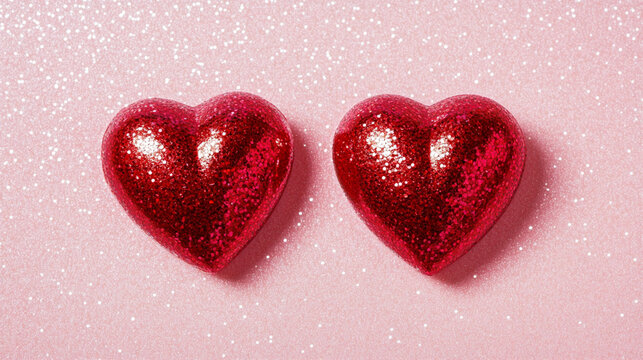 Two red glitter hearts on pink background valentine's day love romance heart shape glittery sparkle
