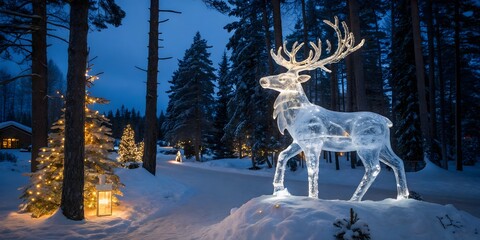 A life-sized reindeer sculpture made entirely of clear ice standing in a snowy forest at night, illuminated from below with blue and gold lights, magical holiday feel