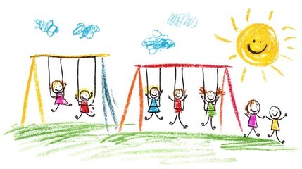 Children swinging on a sunny day in a playground