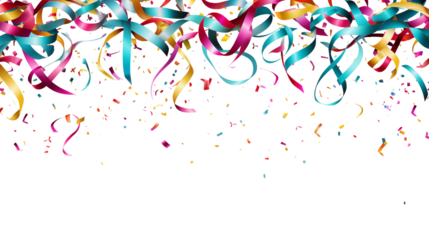Colorful ribbons and confetti falling against a transparent background creating a festive celebration scene