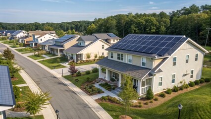 A suburban neighborhood with modern houses, some equipped with solar panels on their roofs, surrounded by greenery and clear skies.