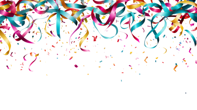 Colorful ribbons and confetti falling against a transparent background creating a festive celebration scene