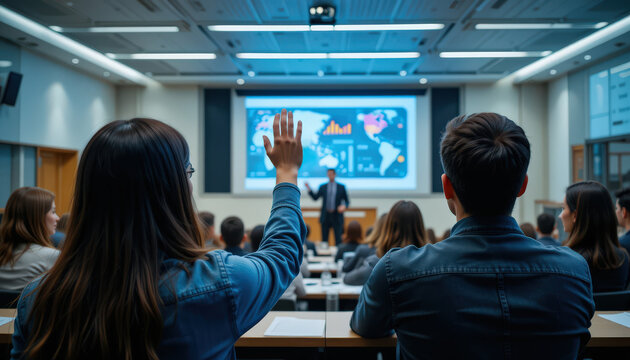 Engaged students in classroom setting raise hands to ask questions during presentation on data analysis and business trends - Powered by Adobe