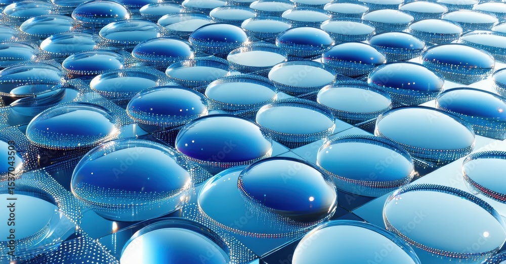 Poster Blue bubbles cover surface. Reflections create abstract, glossy pattern. Depth suggests liquid or digital texture. Brightness dominates composition.