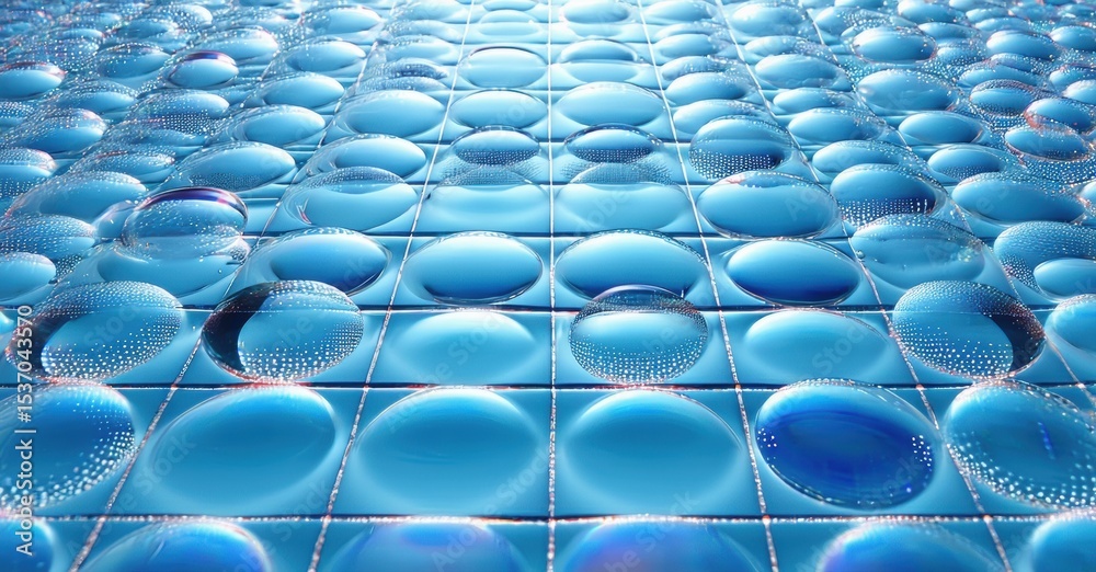 Poster blue bubbles cover surface. grid pattern creates abstract, reflective texture. light plays across ro