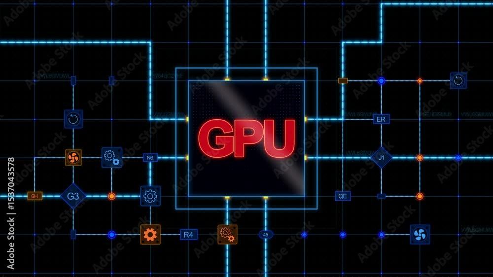 Poster red gpu at the center of a square with circuit, connections and blue grid on a dark background. anim