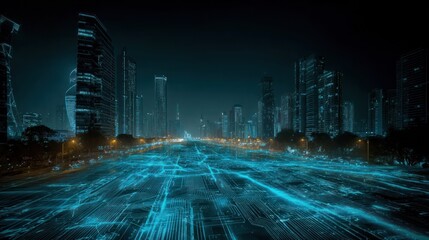 Futuristic city at night with digital circuit patterns