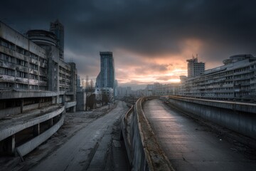 Naklejka premium Desolate city street at dawn with abandoned buildings