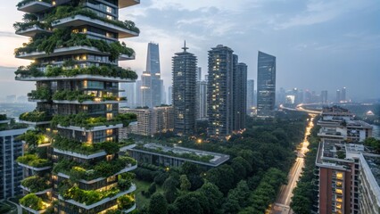Obraz premium A modern cityscape at dusk featuring high-rise buildings with lush vertical gardens and a long, illuminated road stretching into the distance.