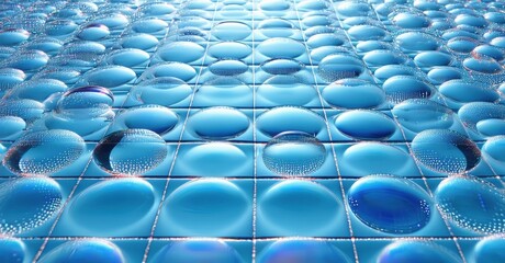 Fototapeta premium Blue bubbles cover surface. Grid pattern creates abstract, reflective texture. Light plays across rounded forms, offering depth.