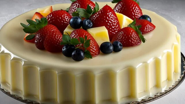 Delicious dessert creation featuring creamy cake topped with fresh strawberries, blueberries, and mango pieces in a bright kitchen