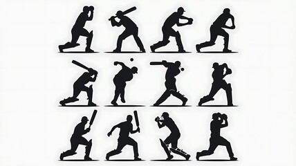 Dynamic Cricket Player Silhouettes, A Comprehensive Set of Actions