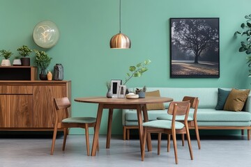 Modern, muted mint green dining area with warm wood accents
