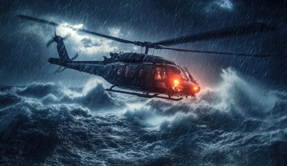 Fototapeta premium Military helicopter in a violent storm over turbulent waters