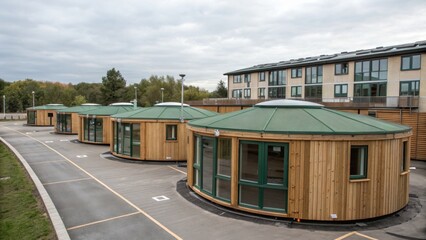 Fototapeta premium Modern round wooden cabins with green roofs line a paved road, surrounded by trees under a cloudy sky.