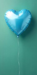 Blue heart shaped balloon floats against a teal background tethered by a slender white string