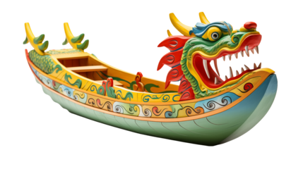 A vibrant dragon boat with intricate details and colorful decorations on a transparent background display