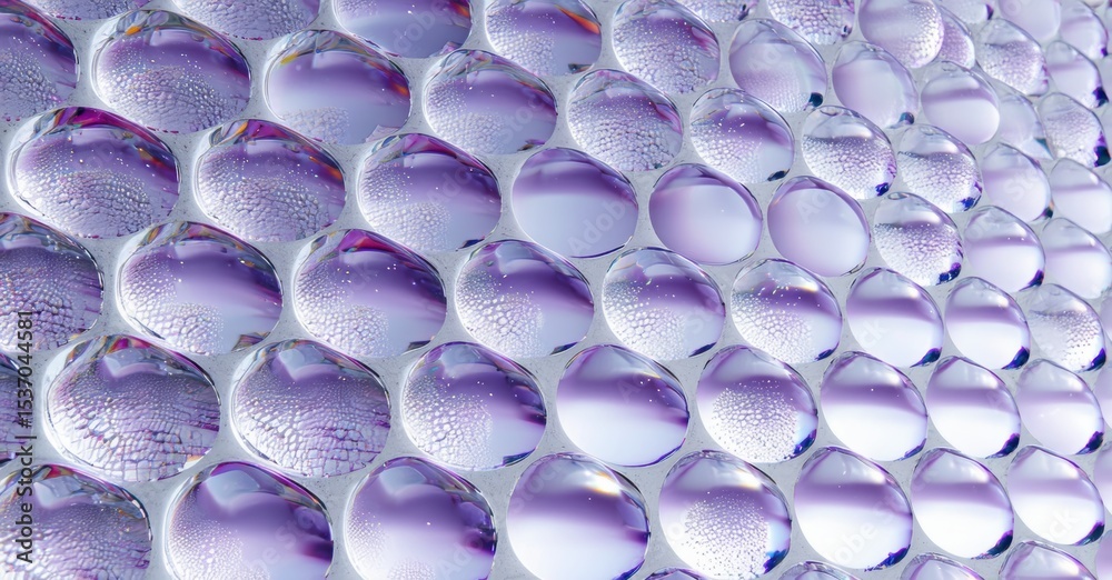 Poster bubbles cover surface. purple hues dominate image. closeup view shows liquid spheres, reflections, t