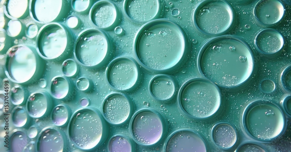 Poster Abstract macro photo shows colorful oil droplets suspended in water. Bubbles create interesting texture, vibrant hues.