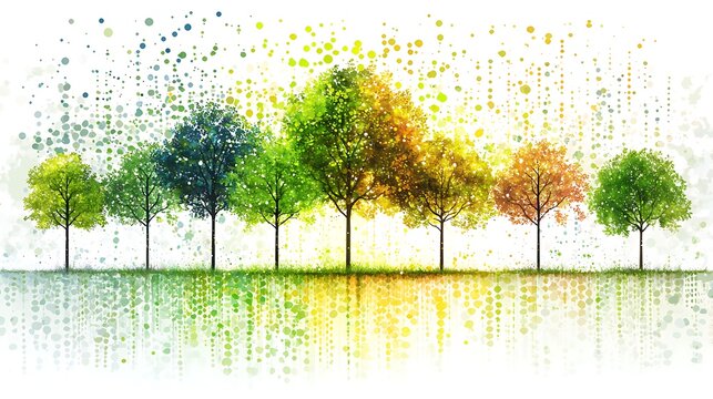 Clipart of a scatter plot showing the correlation between biodiversity and economic stability with healthy ecosystems represented by flourishing trees and stable currency symbols highlighting