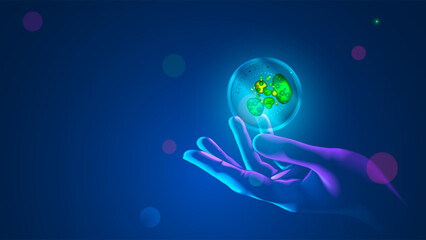 A scientist examines a colony of bacteria in a petri dish. The microbiologist gloved hand holds a close-up glass tube with samples of green bacteria. Microbiological and chemical laboratory tests.