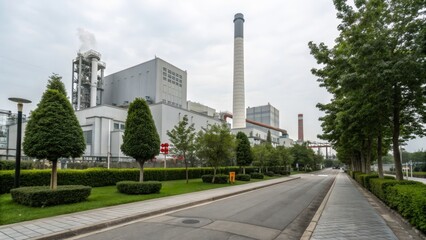 Industrial factory with tall chimneys emitting smoke, surrounded by neatly trimmed trees and a clean road under a cloudy sky.