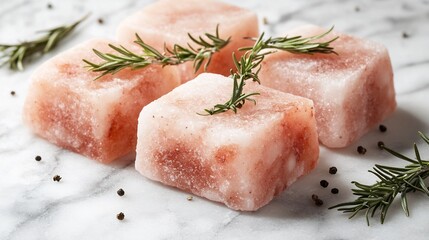 Pink Himalayan salt blocks with rosemary sprigs artisanal cooking white marble