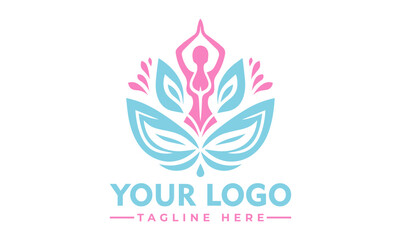 Serene woman meditating in lotus pose surrounded by a beautiful blue and pink lotus flower. Spiritual wellness concept
