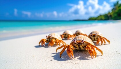 Cute group of crabs on the beach near the ocean on a sunny bright vacation day on an island