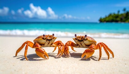Cute crab couple on the beach near the ocean on a sunny bright vacation day on an island