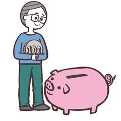 	ブタの貯金箱の前でお金を持つシニア男性のイラスト