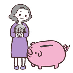 	ブタの貯金箱の前でお金を持つシニア女性のイラスト