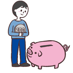 ブタの貯金箱の前でお金を持つ男性のイラスト