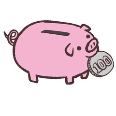 	コインをくわえる豚の貯金箱のイラスト