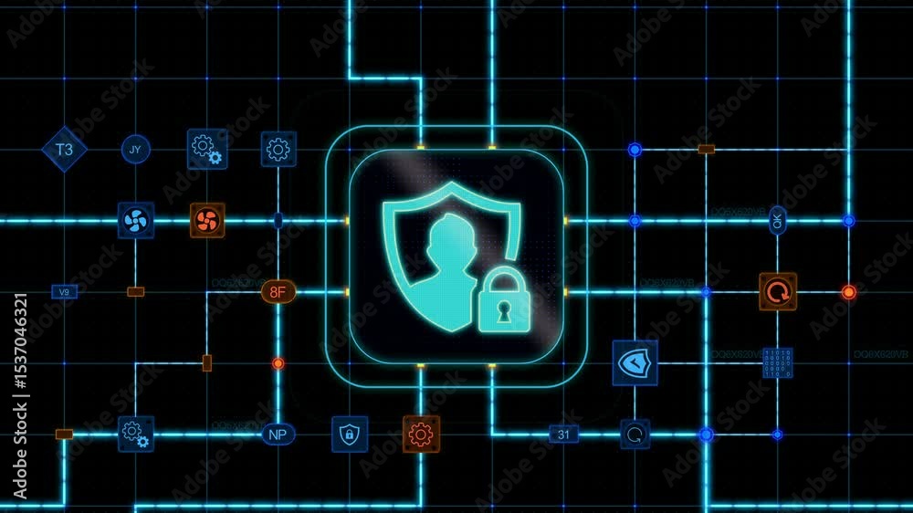 Poster blue privacy data icon at the center of a rounded rectangle with circuit, connections and blue grid 