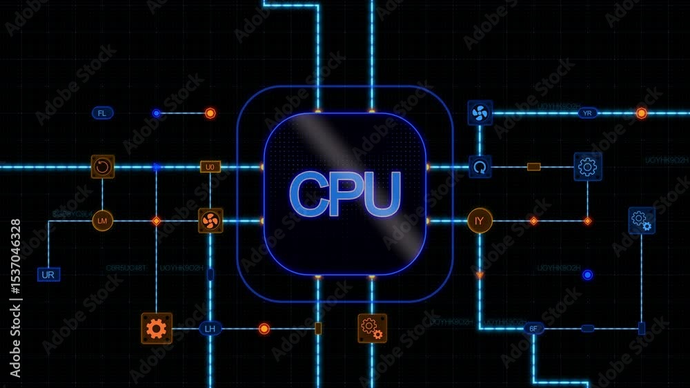 Poster blue cpu at the center of a rounded rectangle with circuit, connections and blue grid on a dark back