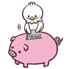 貯金箱にお金を入れる白い鳥のイラスト