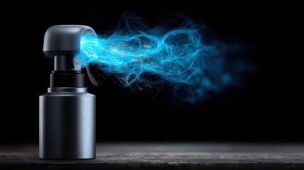 Fuel energy spray concept. Metallic object emitting blue vapor against a dark background, creating an intriguing visual effect.