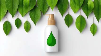 Fuel energy spray concept. A minimalist design featuring a green drop-shaped logo on a white bottle, surrounded by green leaves, symbolizing nature and eco-friendliness.