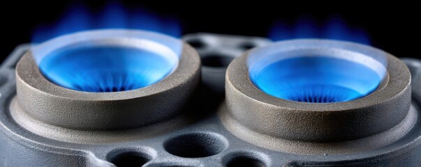 Fuel energy spray concept. Close-up of a metallic surface with blue flames, highlighting intricate details and textures, ideal for technology or industrial themes.