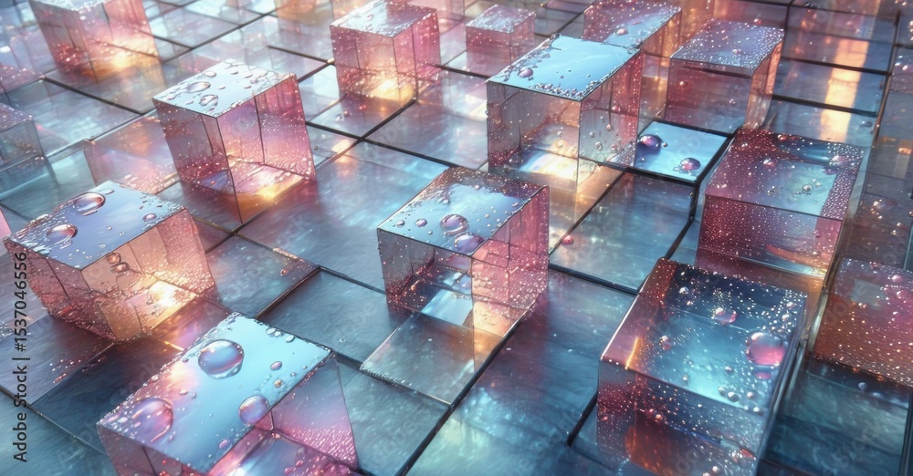 Poster abstract cubes, vibrant colors, water droplets. reflective surfaces create complex patterns, digital