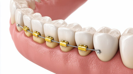 Close-up of lower teeth with gold-colored braces attached, demonstrating orthodontic dental treatment for teeth alignment.