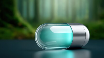 A futuristic capsule with a sleek metal cap containing a glowing blue substance, set against a blurred natural background.
