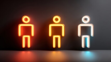 Gender equity awareness concept. Neon figures in red, yellow, and blue glowing against a dark background, representing different human shapes or symbols.